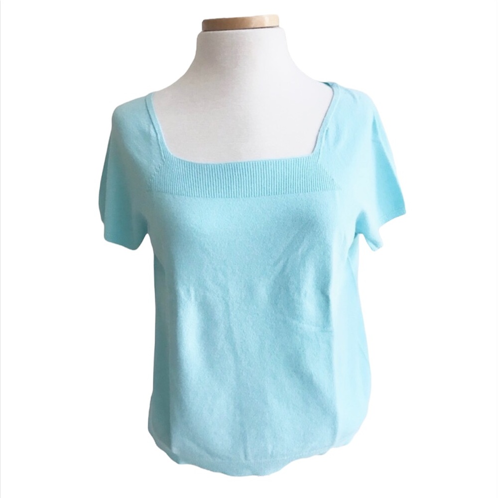 Talbots Fine Knit Square Neck Short Sleeve Stretch Sweater Aqua Blue S & XP NWT